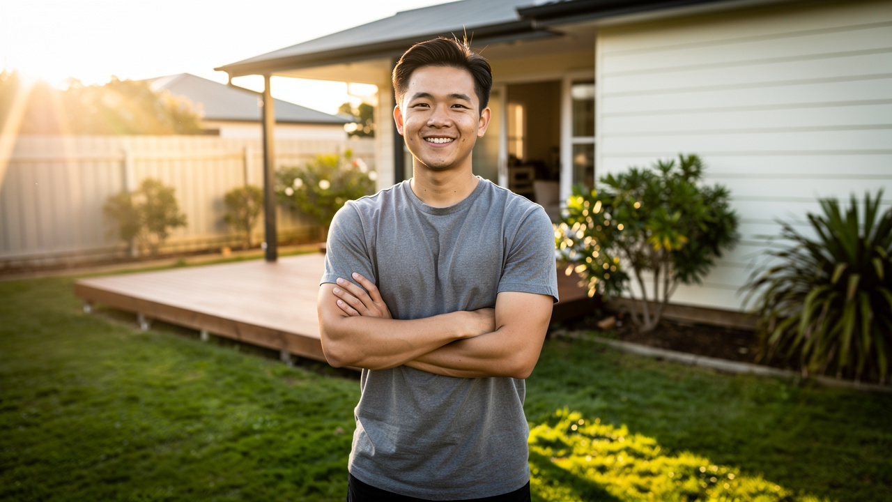Confident first-home buyer standing in backyard of new property