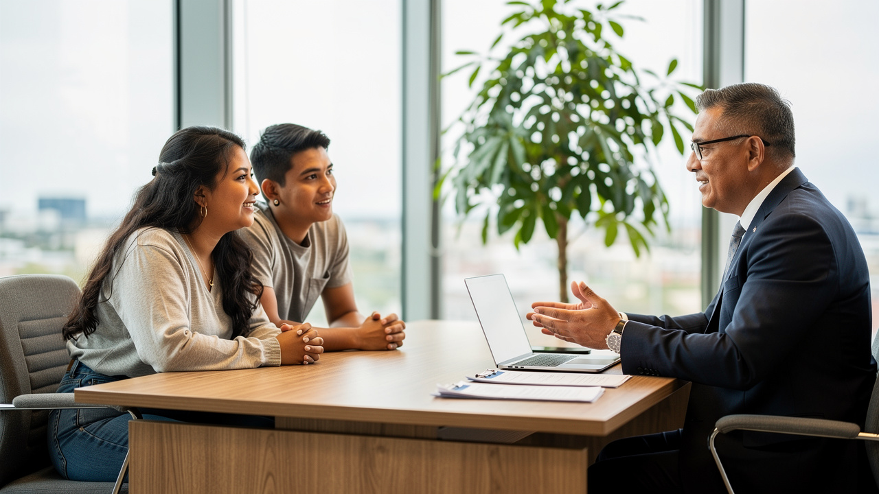 Mortgage adviser meeting with first-home buyers in New Zealand