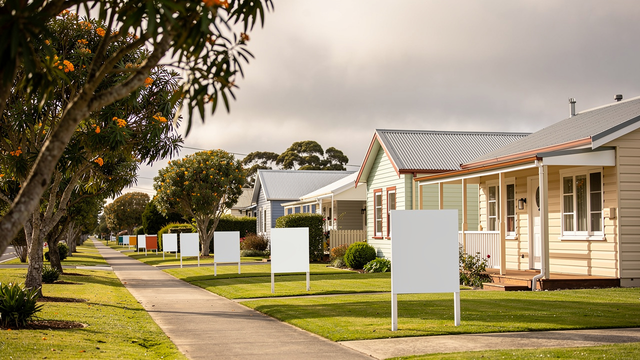 Quiet New Zealand suburban street with homes listed for sale